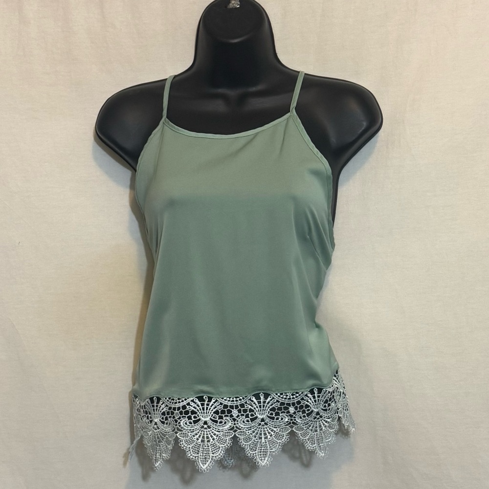 E-6 The Hanger Green Sleeveless Lace Trim Summer Tank Top Size M